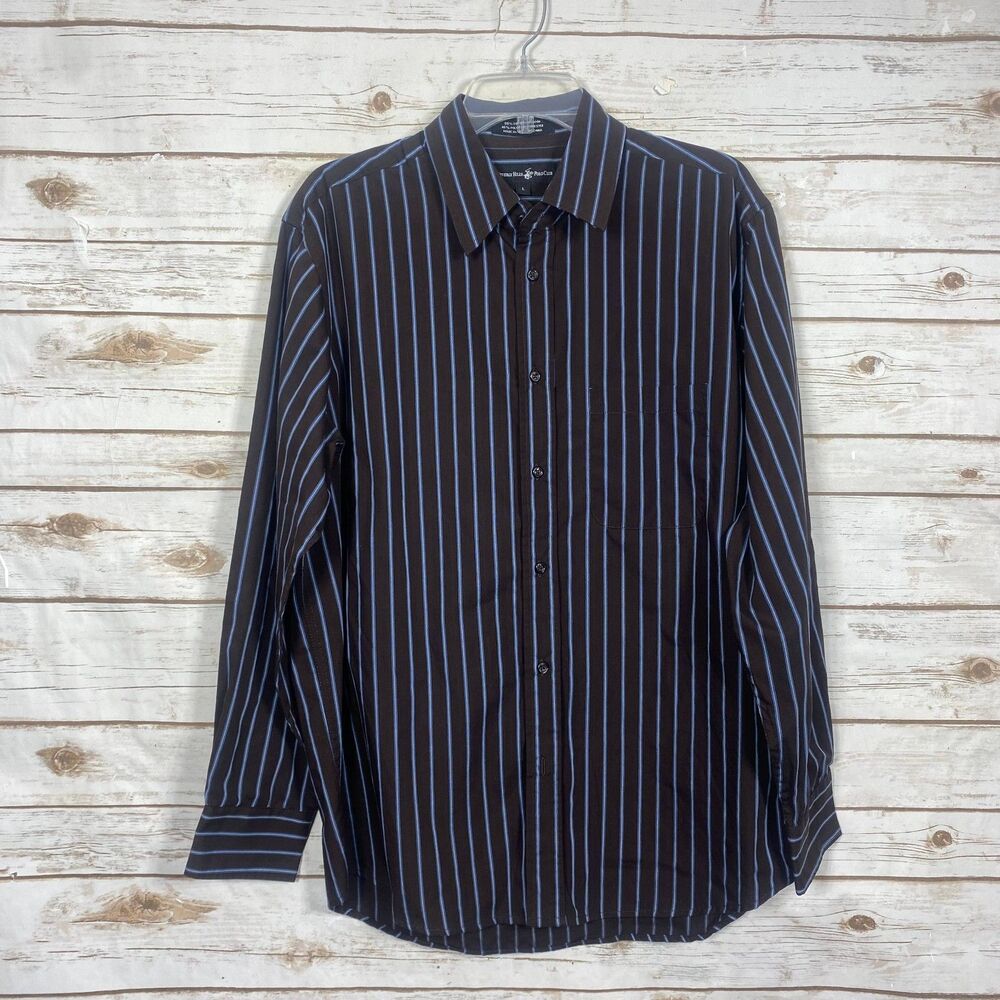 Beverly Hills Polo Club Men Button Down‎ Pinstripe Shirt Brown Blue Size L